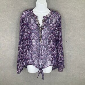 Chico's Blouse Sz 3 (US‎ XL) Purple Sheer Embellished Tie Front Lightweight Boho